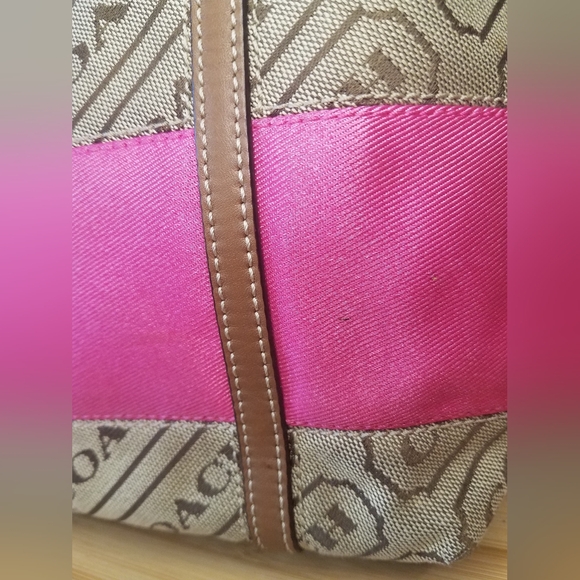 Coach Lozenge Brown Canvas Leather Trim Pink Stripe Zipper Closure Tote Bag - Picture 13 of 13
